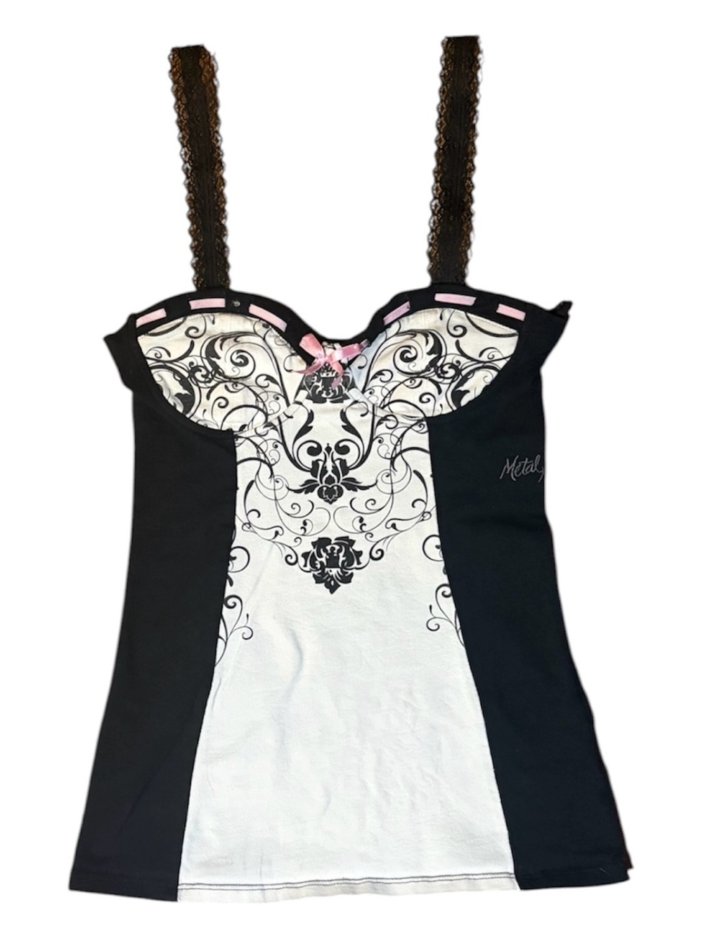 Metal Mulisha Black, White & Pink Lace-Trim Camisole